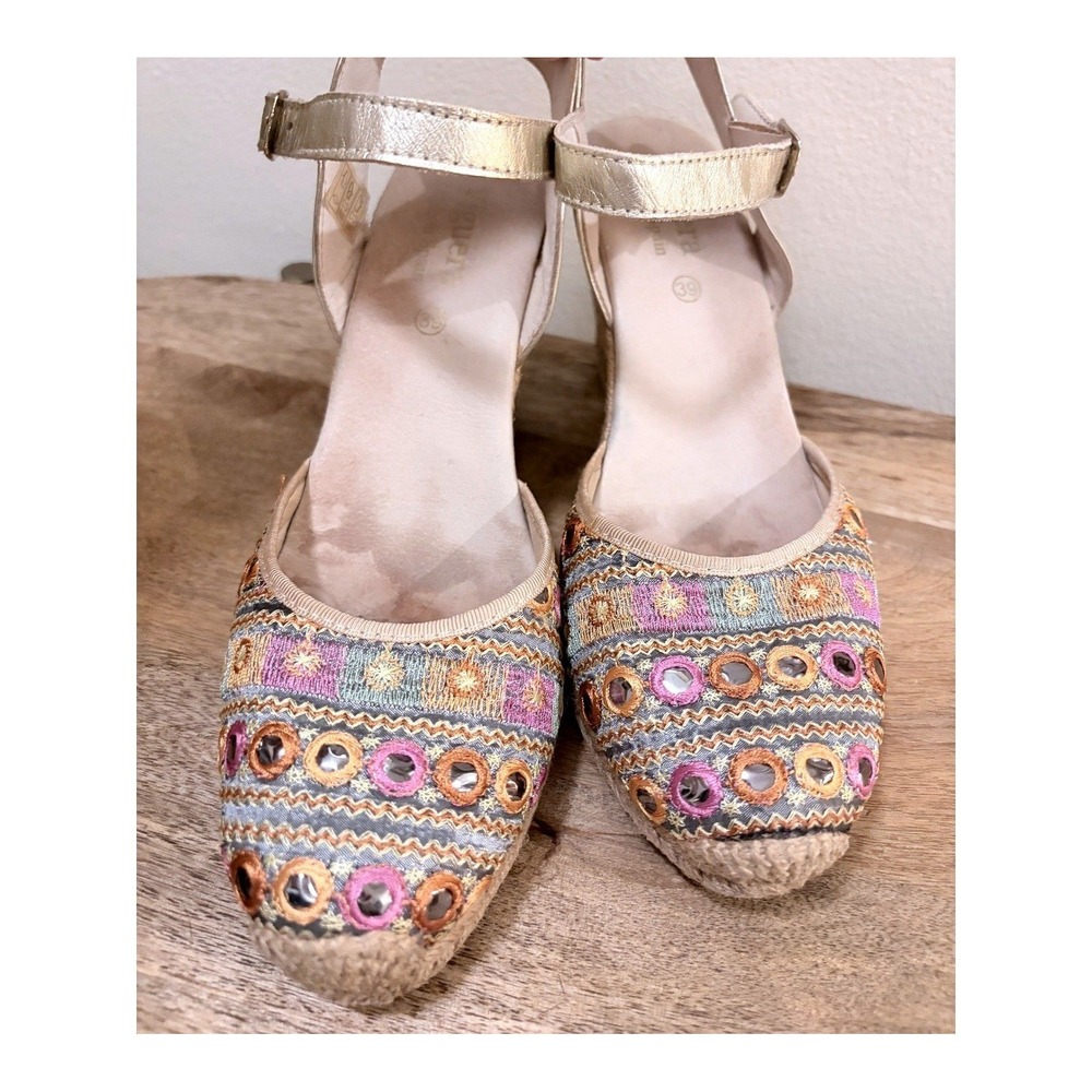 Viguera Gold Embroidered Mirror Espadrille Wedges Spain EU 39 US 8.5